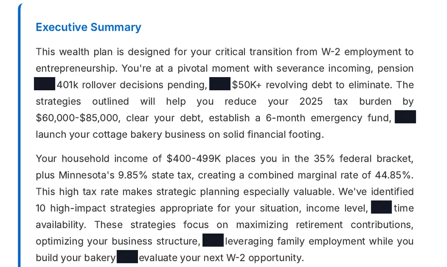Legacy Wealth Blueprint wealth plan snapshot: Executive Summary for someone moving from W-2 employment to entrepreneurship, aiming to cut the 2025 tax burden by $60,000-$85,000; some phrases blacked out.