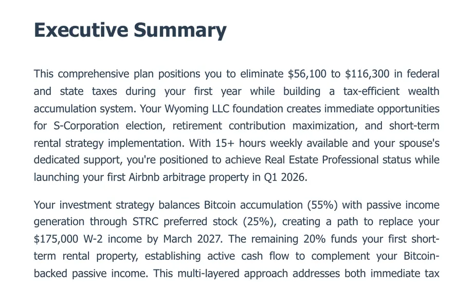 Legacy Wealth Blueprint wealth plan snapshot: Executive Summary describing a plan to eliminate $56,100 to $116,300 in taxes using a Wyoming LLC, S-Corp election and an Airbnb arbitrage strategy.