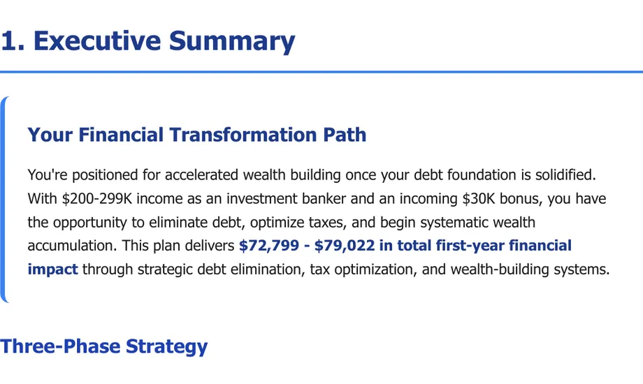 Legacy Wealth Blueprint wealth plan snapshot: Executive Summary for an investment banker, stating a total first-year financial impact of $72,799 to $79,022 through debt elimination and tax optimization.