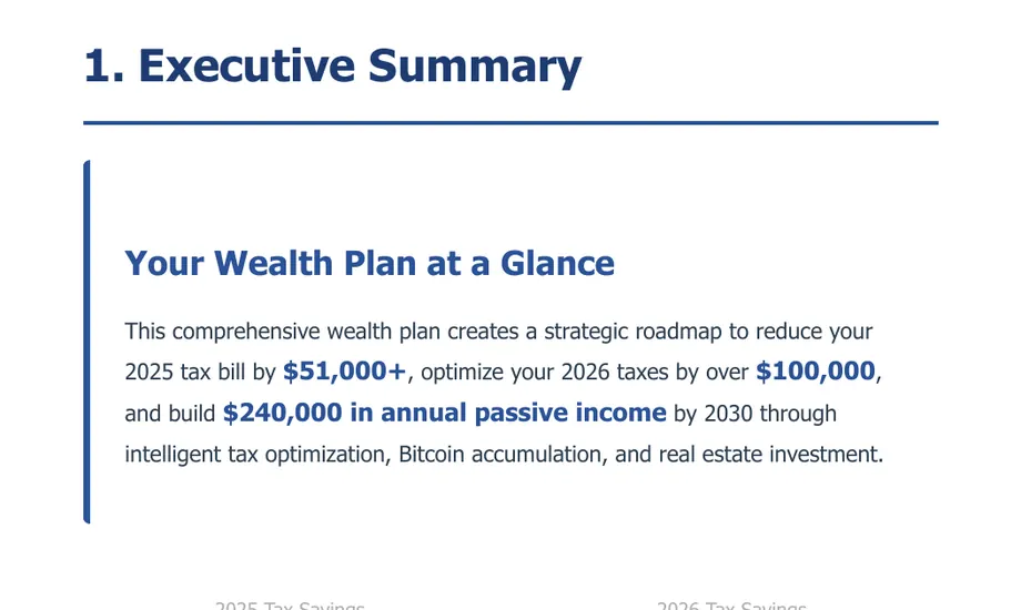 Legacy Wealth Blueprint wealth plan snapshot: Executive Summary titled 'Your Wealth Plan at a Glance' stating a plan to cut the 2025 tax bill by $51,000+, optimize 2026 taxes by over $100,000, and build $240,000 in annual passive income by 2030.