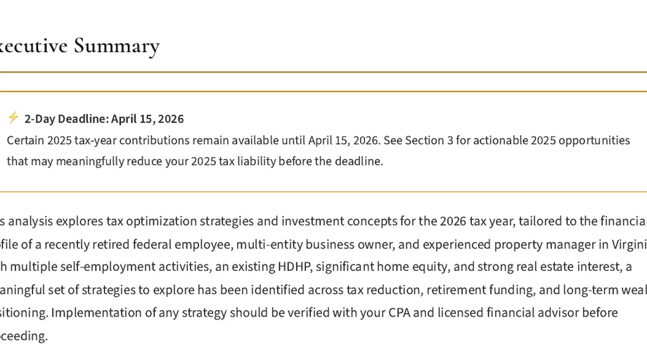 Legacy Wealth Blueprint wealth plan snapshot: Executive Summary for a recently retired federal employee in Virginia, with a two-day deadline notice for April 15, 2026 tax-year contributions.