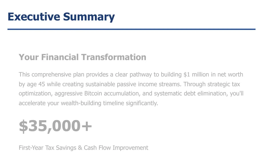 Legacy Wealth Blueprint wealth plan snapshot: Executive Summary describing a plan to build $1 million in net worth by age 45, stating $35,000+ in first-year tax savings and cash flow improvement.