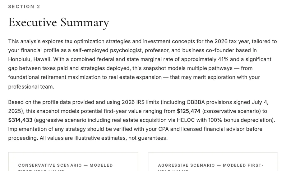 Legacy Wealth Blueprint wealth plan snapshot: Section 2 Executive Summary for a self-employed psychologist and professor in Honolulu, Hawaii, modeling first-year value from $125,474 to $314,433.