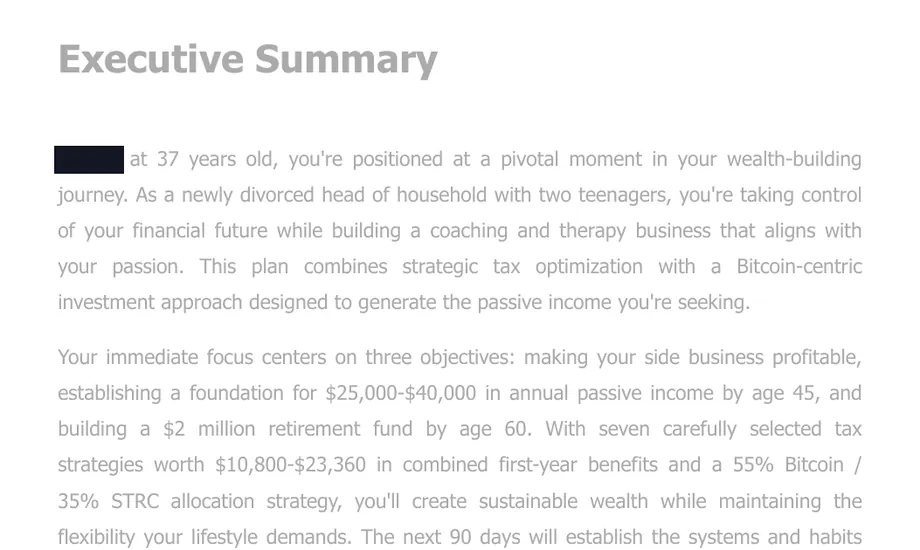 Legacy Wealth Blueprint wealth plan snapshot: Executive Summary for a 37-year-old newly divorced head of household building a coaching practice, targeting $25,000-$40,000 annual passive income and a $2 million retirement fund by age 60; a name is blacked out.