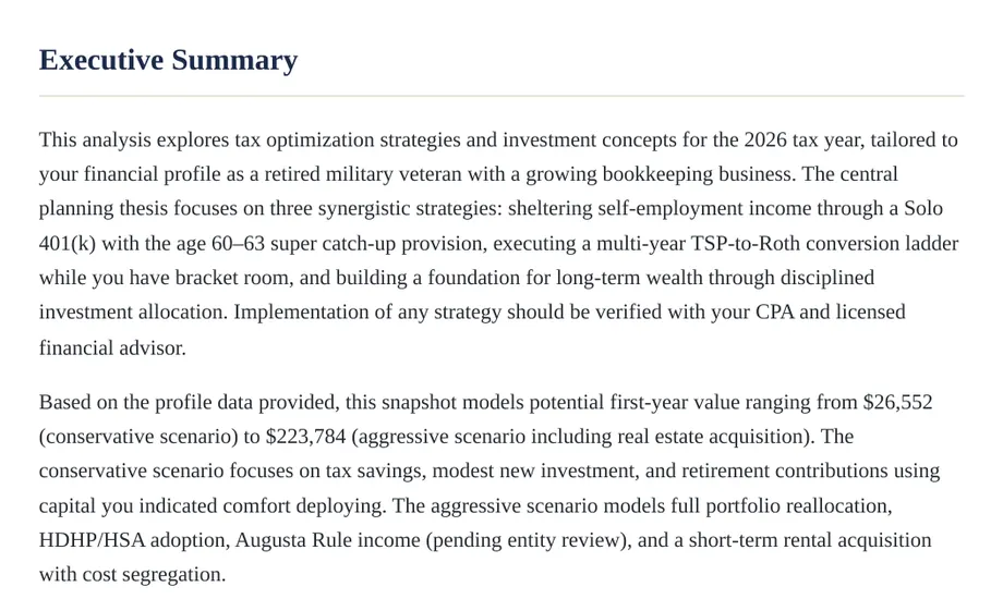 Legacy Wealth Blueprint wealth plan snapshot: Executive Summary for a retired military veteran with a bookkeeping business, modeling first-year value from $26,552 to $223,784 using Solo 401(k) and TSP-to-Roth conversion strategies.