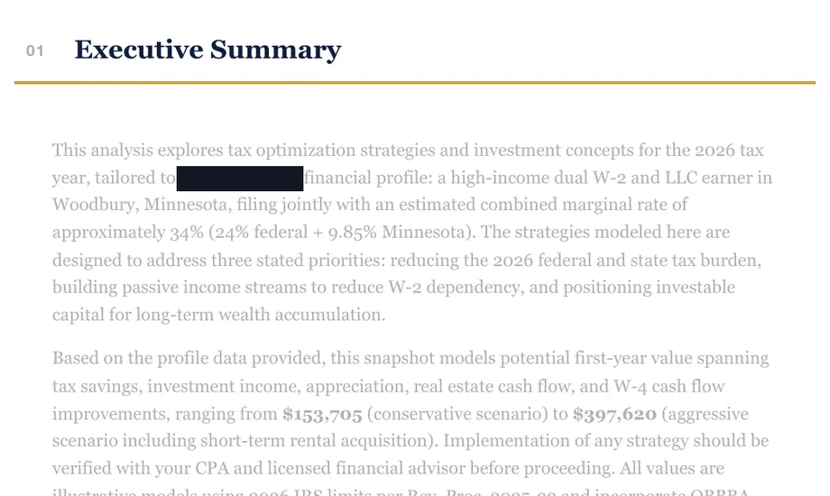 Legacy Wealth Blueprint wealth plan snapshot: Section 01 Executive Summary for a high-income dual W-2 and LLC earner in Woodbury, Minnesota, modeling first-year value from $153,705 to $397,620; a name is blacked out.