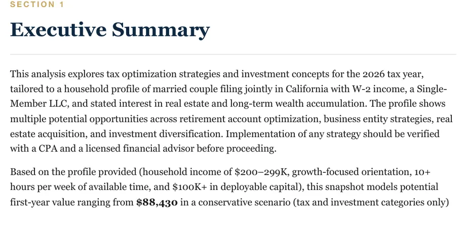 Legacy Wealth Blueprint wealth plan snapshot: Section 1 Executive Summary for a married couple filing jointly in California with W-2 income and a single-member LLC, modeling a conservative first-year value of $88,430.