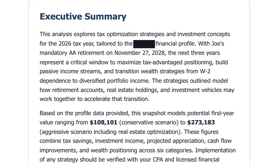 Legacy Wealth Blueprint wealth plan snapshot: Executive Summary referencing a mandatory retirement date of November 27, 2028, modeling first-year value from $108,101 to $273,183; a name is blacked out.