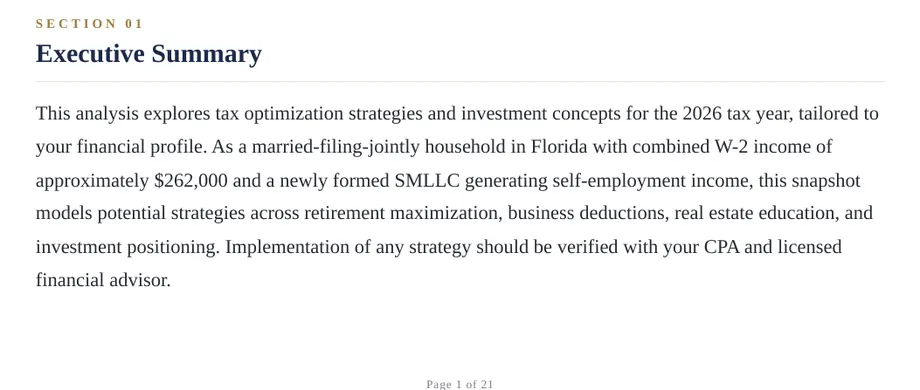 Legacy Wealth Blueprint wealth plan snapshot: Section 01 Executive Summary for a married-filing-jointly household in Florida with about $262,000 combined W-2 income and a newly formed single-member LLC (page 1 of 21).