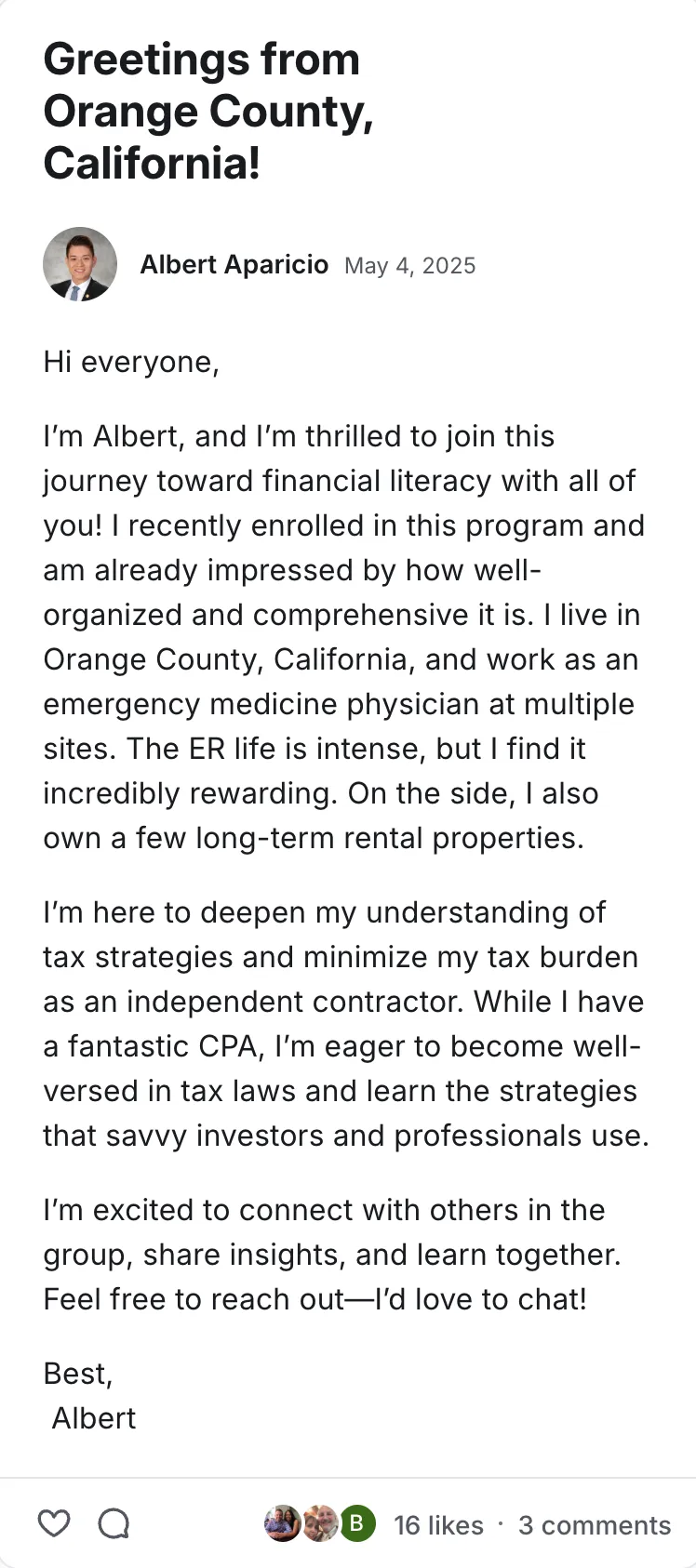 Post by Albert Aparicio in the Legacy Wealth Blueprint community on Circle, May 2025