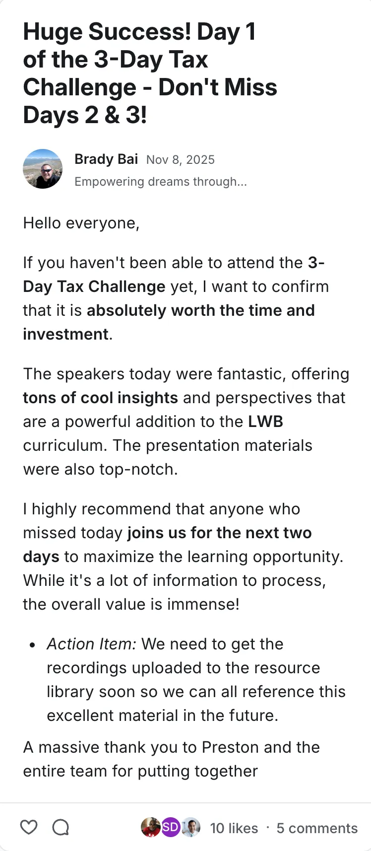 Post by Brady Bai in the Legacy Wealth Blueprint community on Circle, November 2025