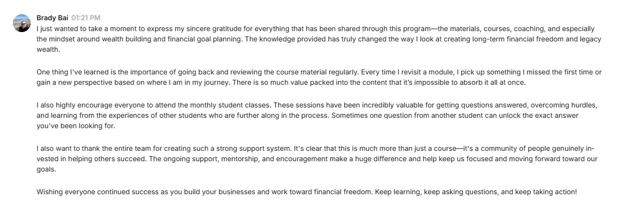 Message from Brady Bai in the Legacy Wealth Blueprint community on Circle, October 2026