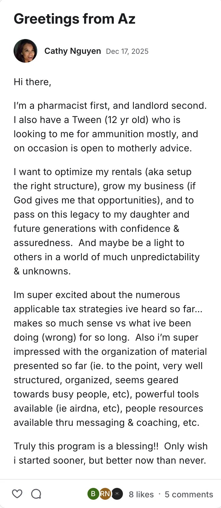 Post by Cathy Nguyen in the Legacy Wealth Blueprint community on Circle, December 2025