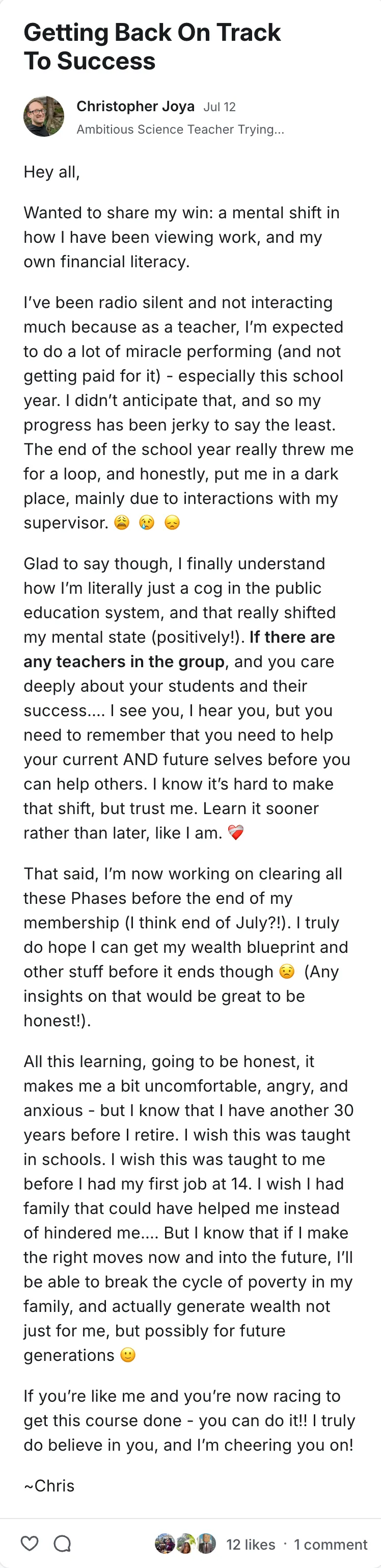 Post by Christopher Joya in the Legacy Wealth Blueprint community on Circle, July 2026