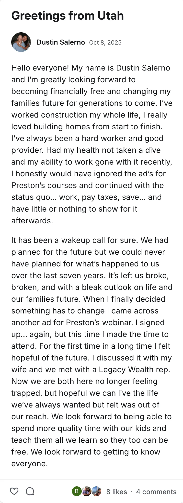 Post by Dustin Salerno in the Legacy Wealth Blueprint community on Circle, October 2025