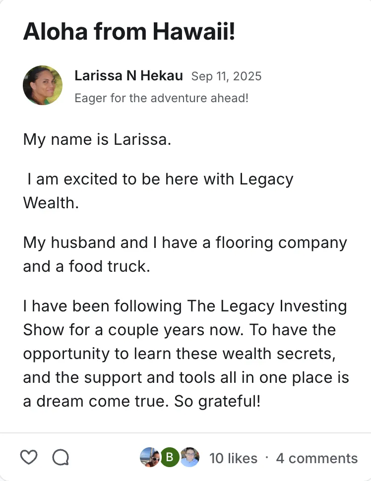Post by Larissa N Hekau in the Legacy Wealth Blueprint community on Circle, September 2025