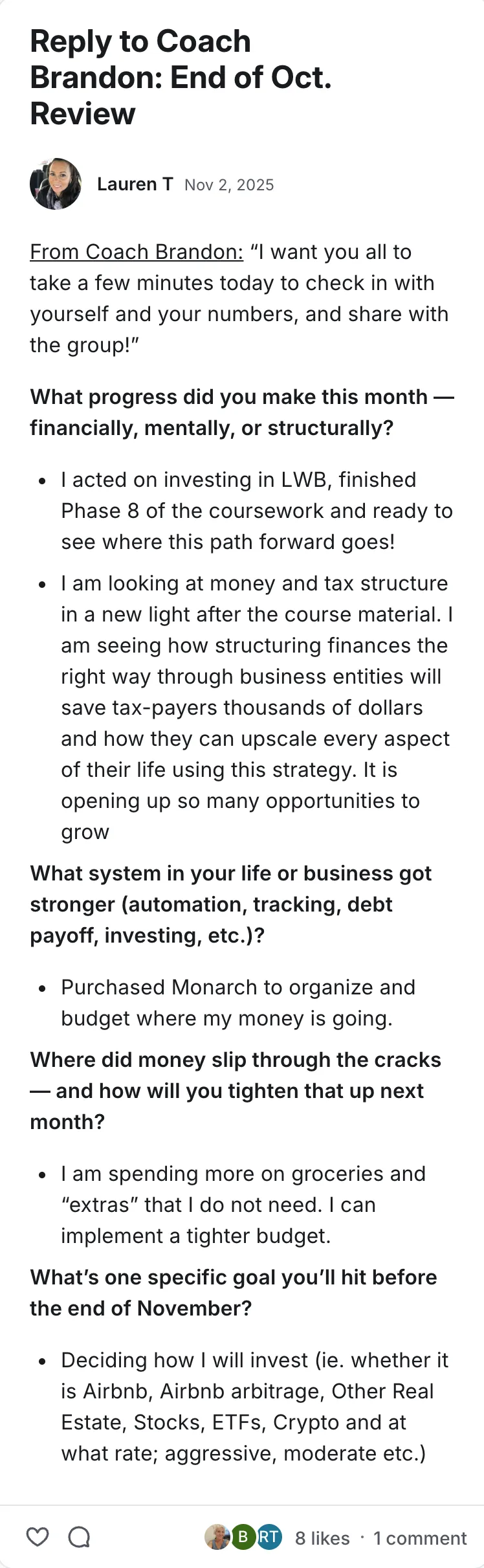 Post by Lauren T in the Legacy Wealth Blueprint community on Circle, November 2025