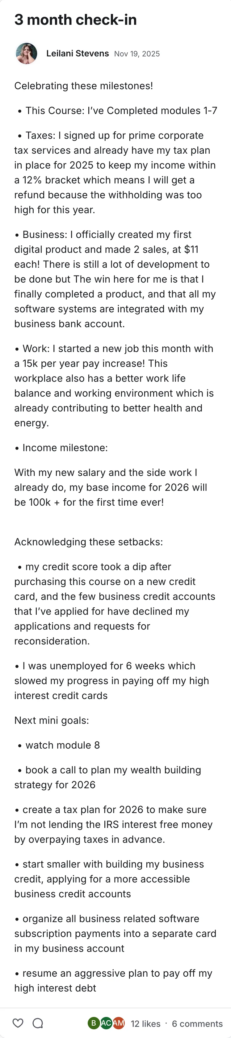 Post by Leilani Stevens in the Legacy Wealth Blueprint community on Circle, November 2025