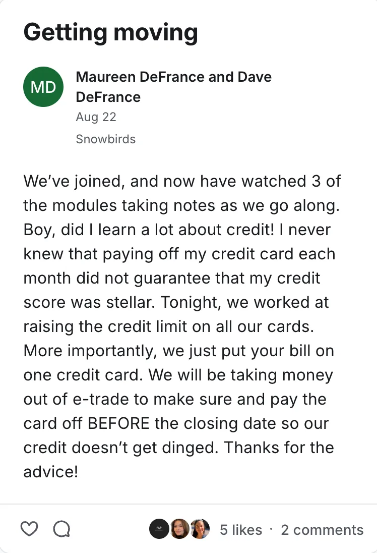Post by Maureen & Dave DeFrance in the Legacy Wealth Blueprint community on Circle, August 2026