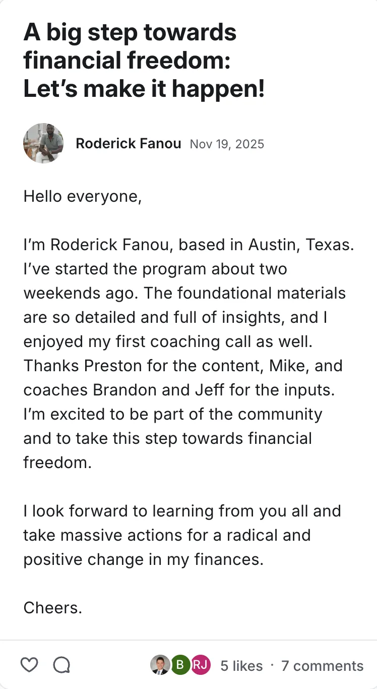 Post by Roderick Fanou in the Legacy Wealth Blueprint community on Circle, November 2025