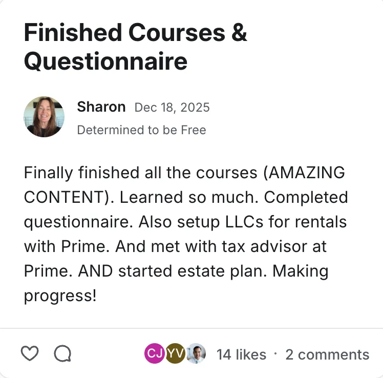 Post by Sharon in the Legacy Wealth Blueprint community on Circle, December 2025