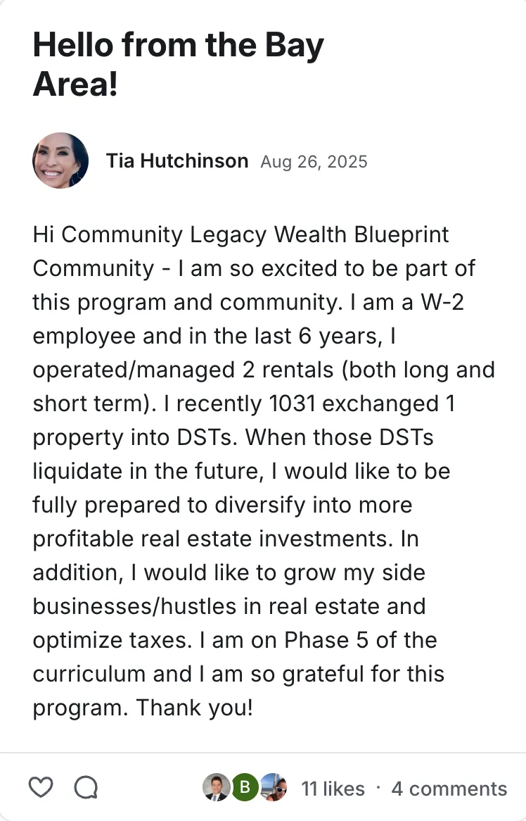 Post by Tia Hutchinson in the Legacy Wealth Blueprint community on Circle, August 2025