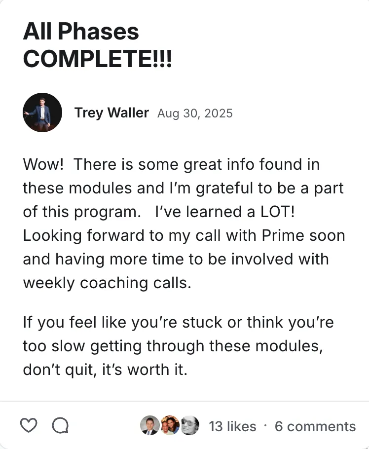 Post by Trey Waller in the Legacy Wealth Blueprint community on Circle, August 2025