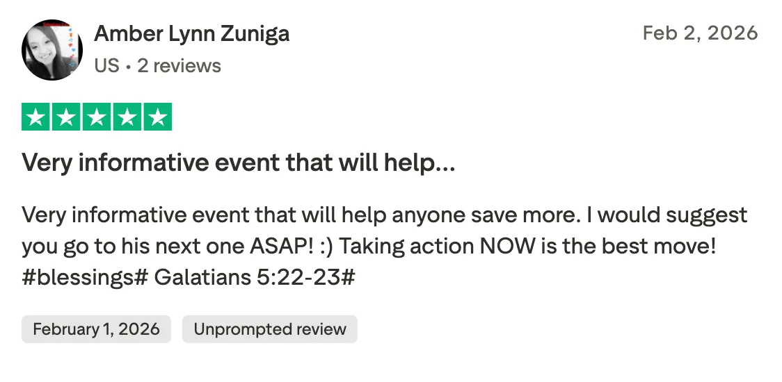 Very informative event that will help… Very informative event that will help anyone save more. I would suggest you go to his next one ASAP! :) Taking action NOW is the best move! #blessings# Galatians 5:22-23#