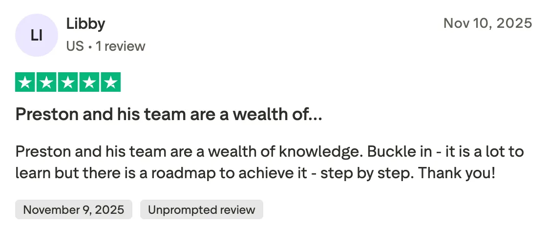 Preston and his team are a wealth of… Preston and his team are a wealth of knowledge.  Buckle in - it is a lot to learn but there is a roadmap to achieve it - step by step.  Thank you!