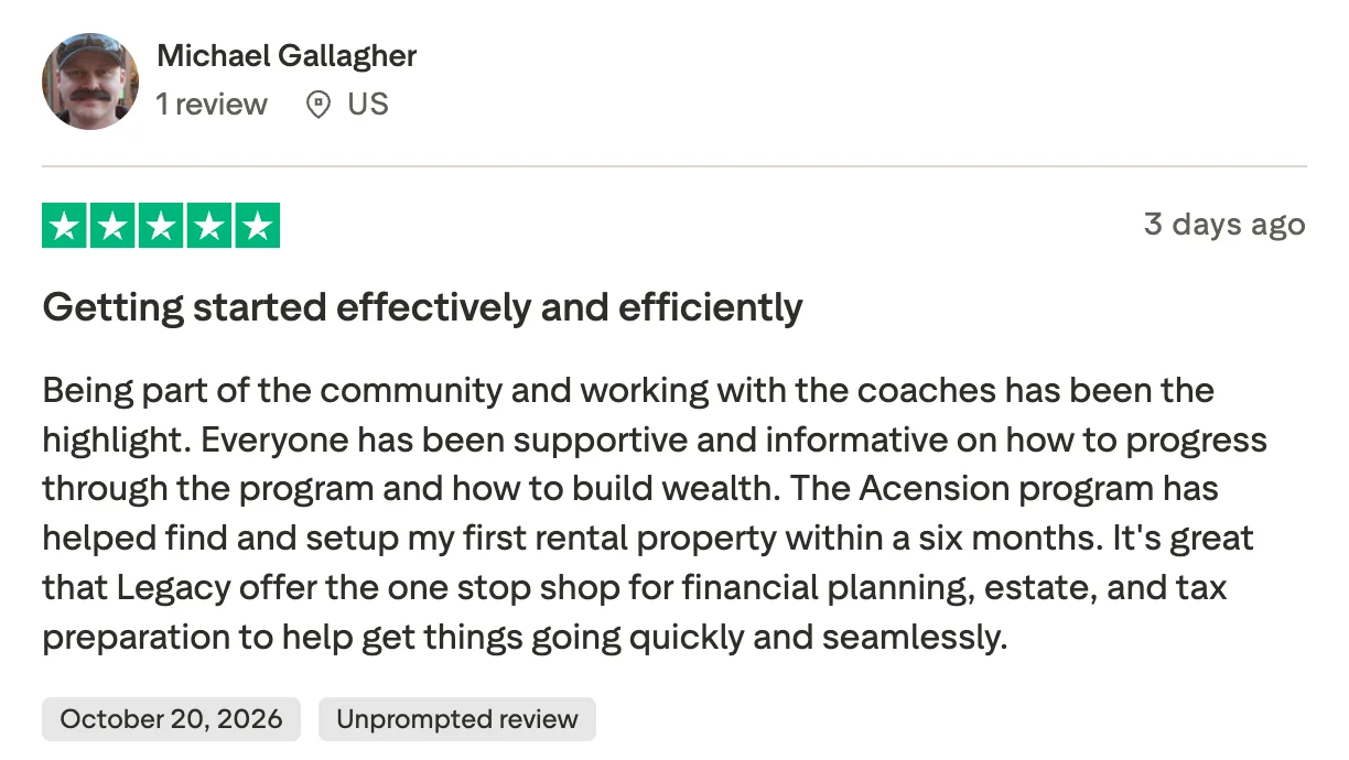 Trustpilot review by Michael Gallagher, 5 stars, Oct 20, 2026