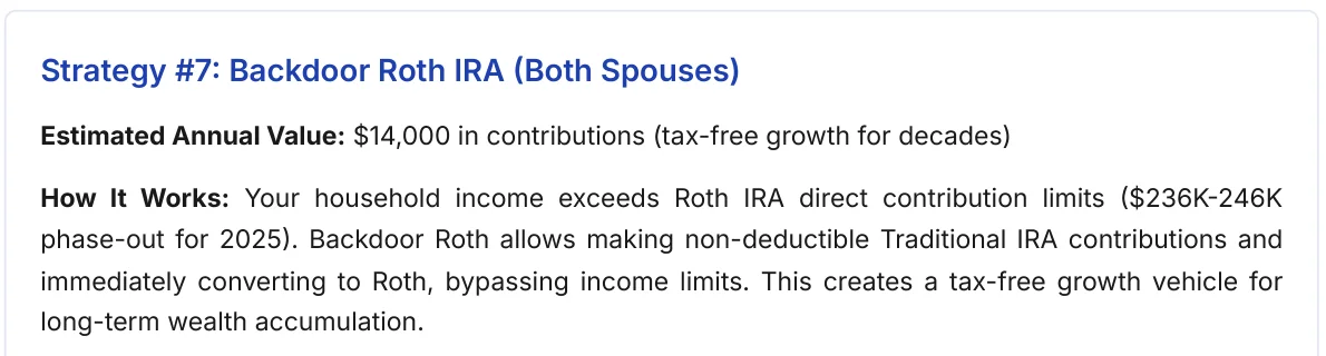 Legacy Wealth Blueprint wealth plan section: Strategy #7 from a member wealth plan: Backdoor Roth IRA for both spouses with $14,000 a year in contributions and how it works.