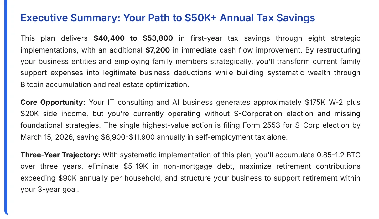 Legacy Wealth Blueprint wealth plan section: Executive summary from a member wealth plan: $40,400 to $53,800 in first-year tax savings from eight strategies, plus $7,200 in cash flow, with the S-Corp election as the single highest-value move.