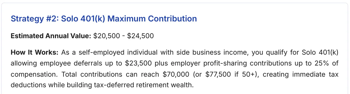 Legacy Wealth Blueprint wealth plan section: Strategy #2 from a member wealth plan: Solo 401(k) maximum contribution with an estimated annual value of $20,500 to $24,500 and how it works.