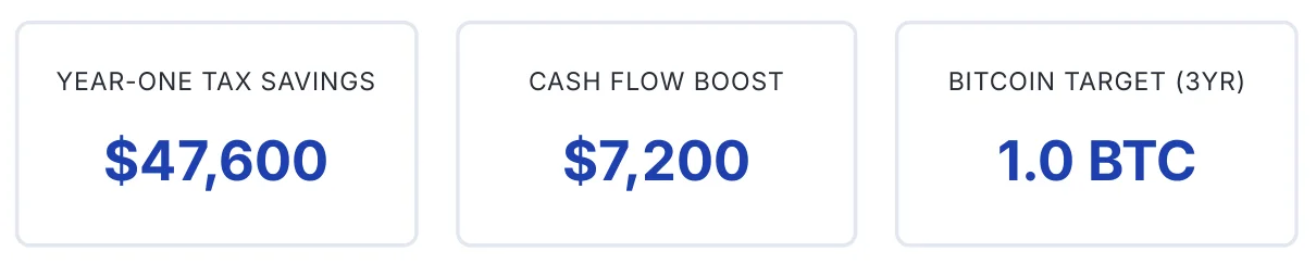 Legacy Wealth Blueprint wealth plan section: Year-one result cards from a member wealth plan: $47,600 in year-one tax savings, a $7,200 cash flow boost, and a 1.0 BTC three-year target.