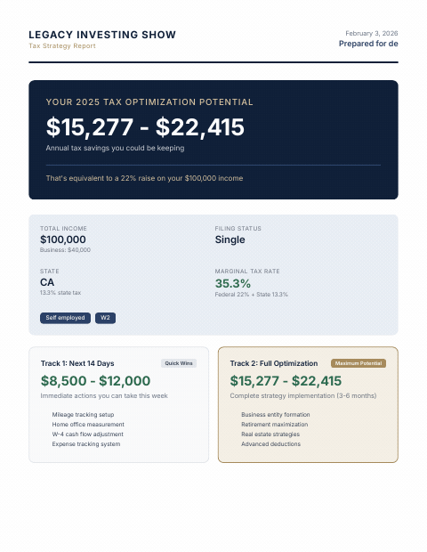 Animated preview scrolling through the personalized tax report PDF.